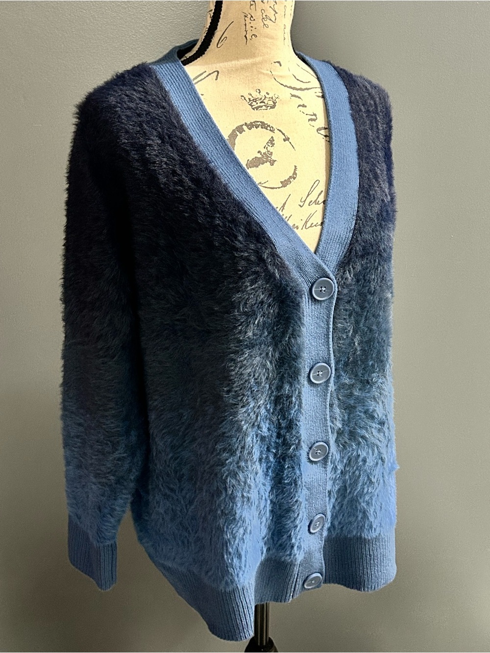 Time and Tru Ombre Fuzzy V-Neck Button Cardigan in Blue